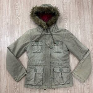 Abercrombie & Fitch Olive Utility Jacket with Faux Fur Hood